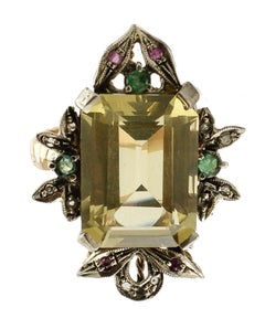 Emerald Rubies Diamonds Rectangle Citrine Rose Gold and Silver Cocktail Ring