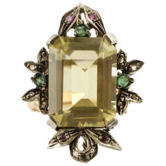 Emerald Rubies Diamonds Rectangle Citrine Rose Gold and Silver Cocktail Ring