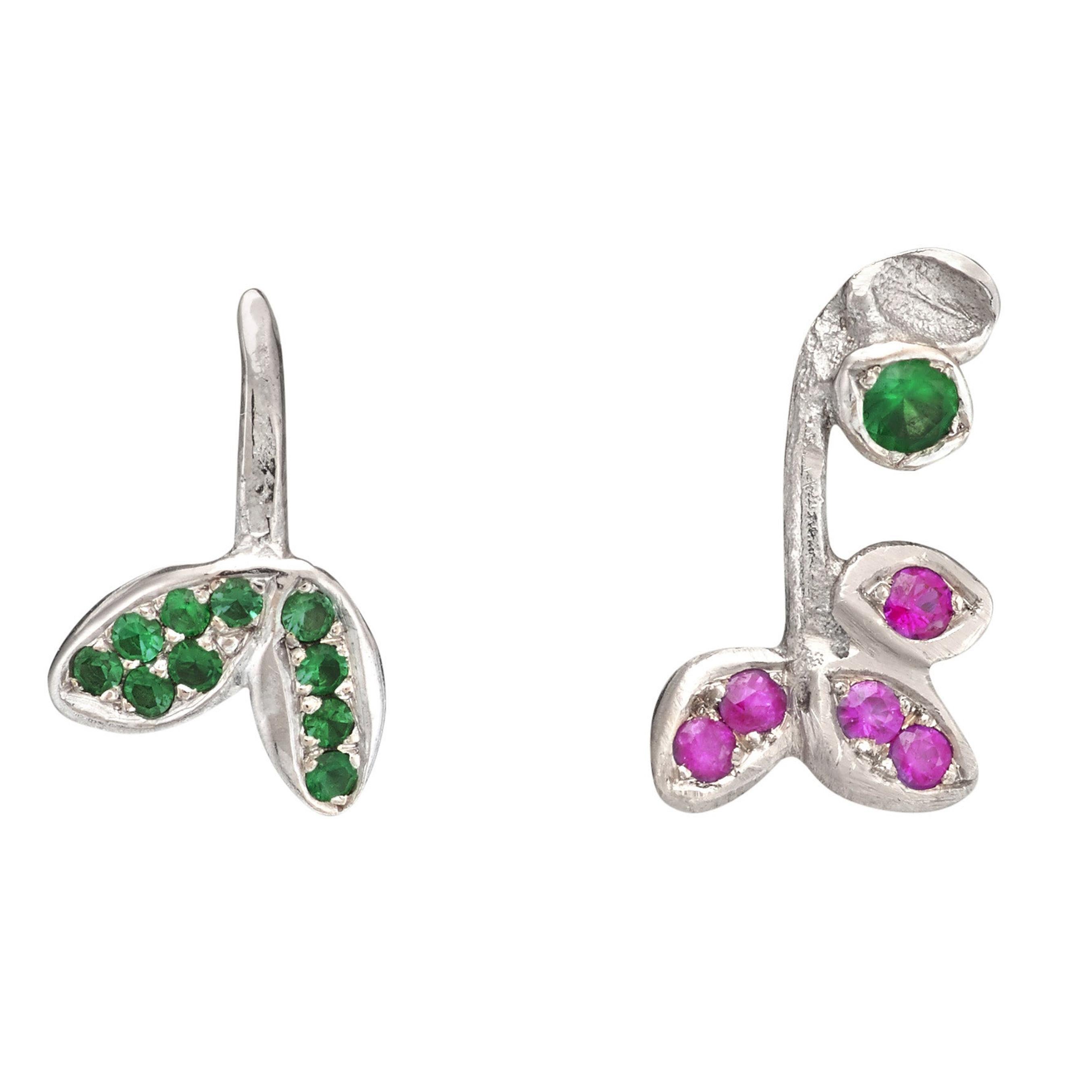 Anais Rheiner 18 Karat White Gold Asymmetrical Emerald Ruby Flower Stud Earrings For Sale