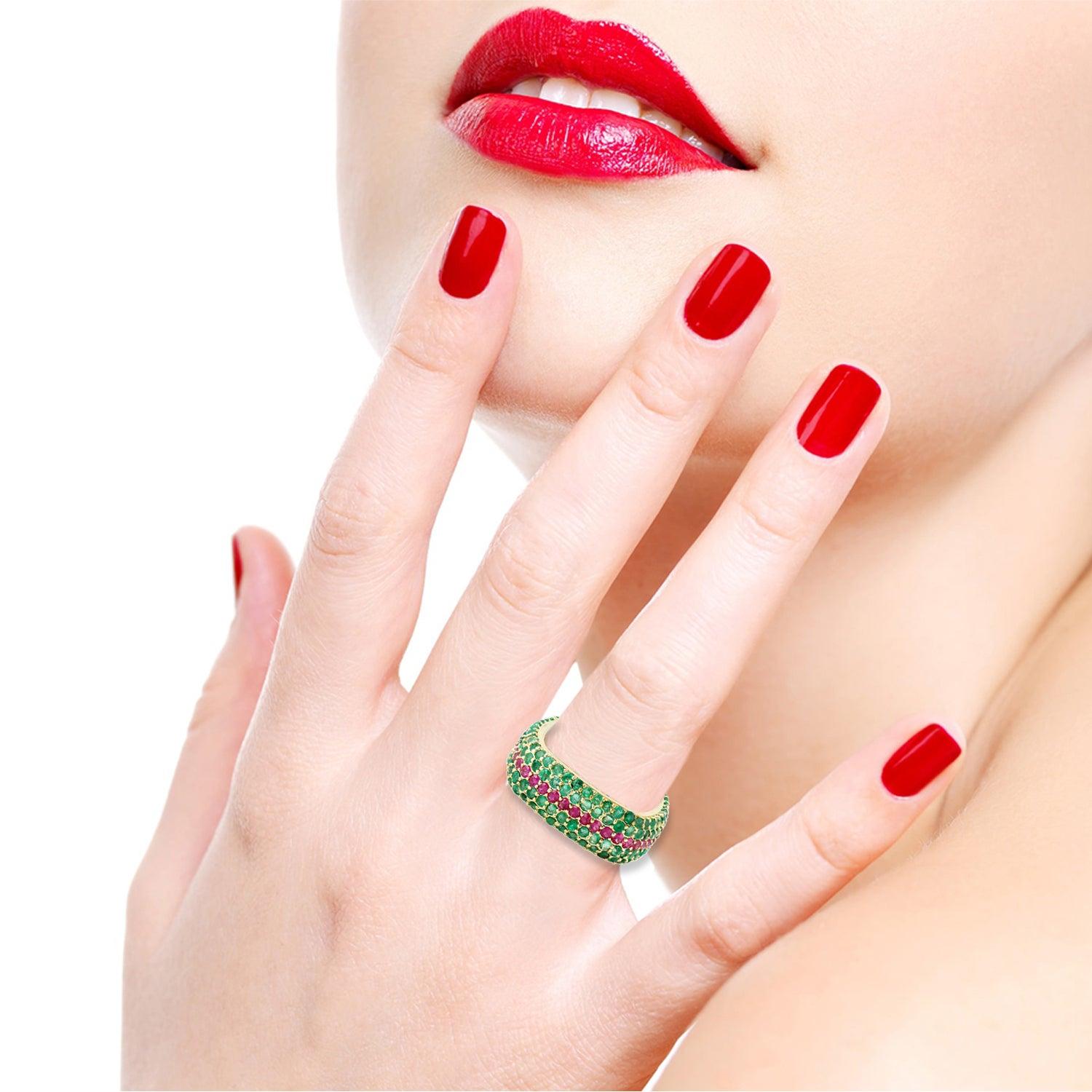 For Sale:  Emerald Ruby 18 Karat Gold Eternity Ring 2