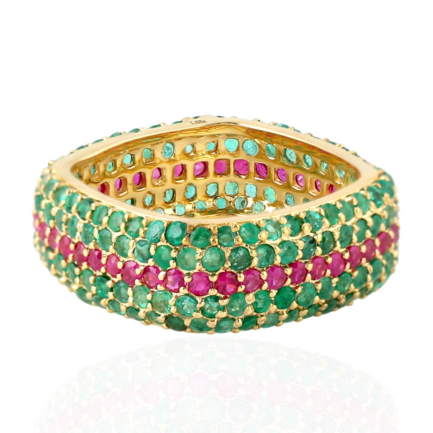 For Sale:  Emerald Ruby 18 Karat Gold Eternity Ring 3