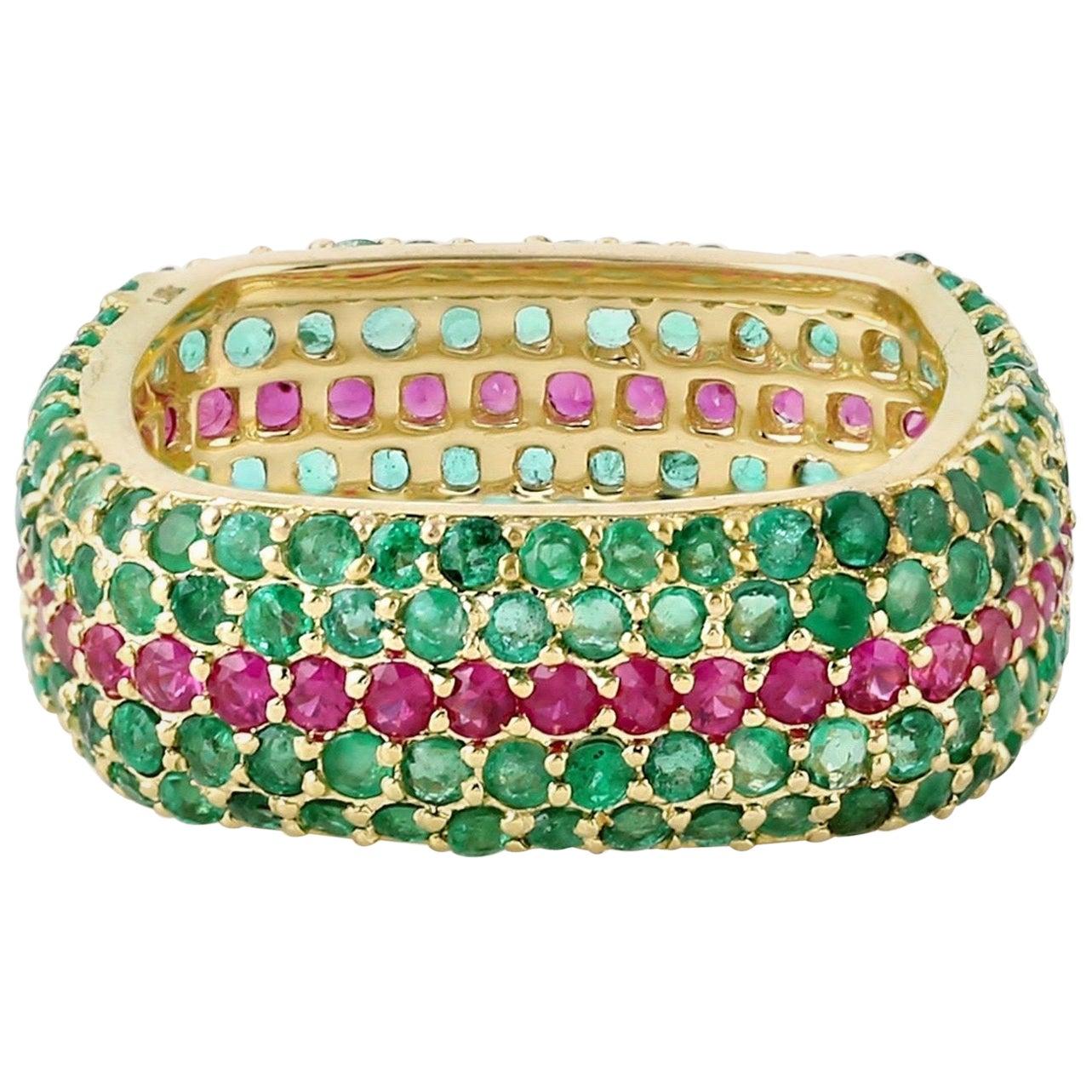 For Sale:  Emerald Ruby 18 Karat Gold Eternity Ring