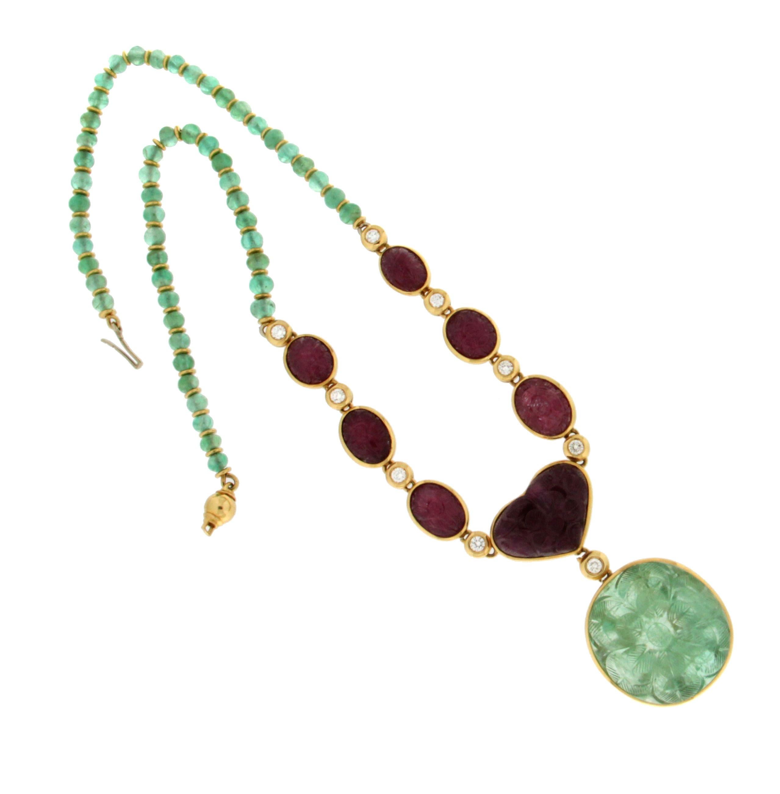 Emerald, Ruby 18 Karat Yellow Gold, Diamonds Drop Necklace In New Condition In Marcianise, IT