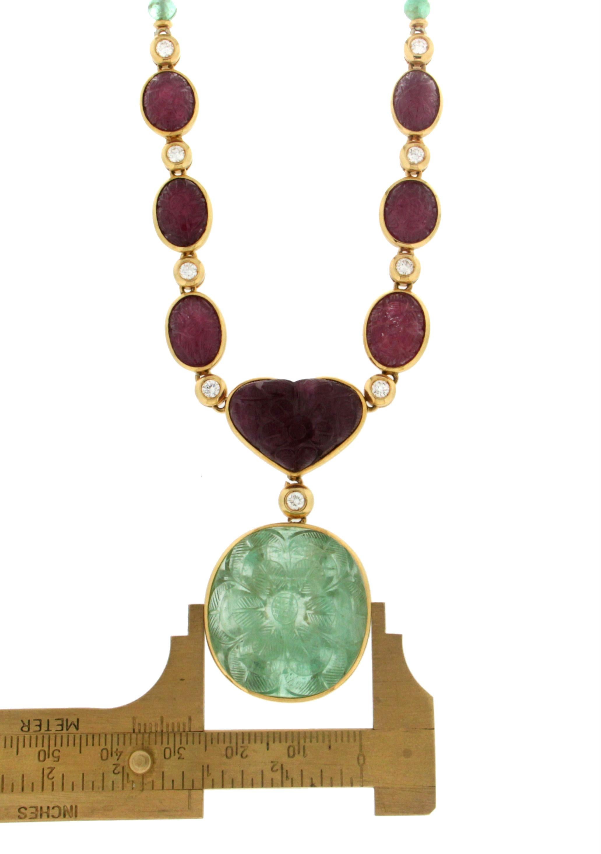 Emerald, Ruby 18 Karat Yellow Gold, Diamonds Drop Necklace 1
