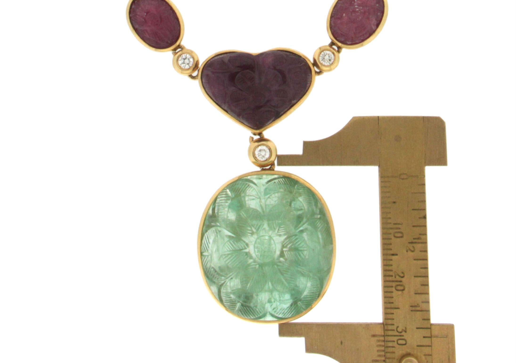 Emerald, Ruby 18 Karat Yellow Gold, Diamonds Drop Necklace 2