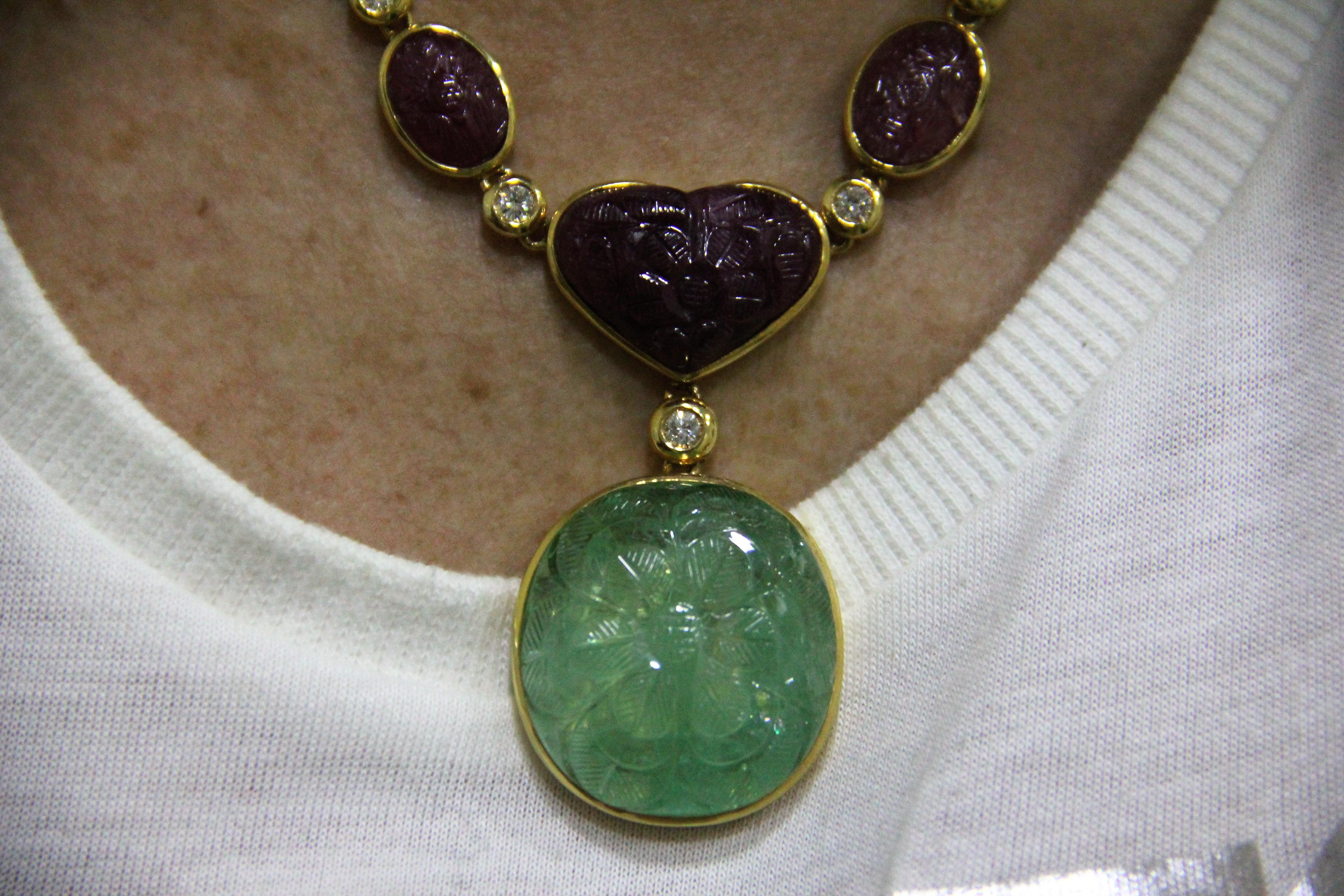 Emerald, Ruby 18 Karat Yellow Gold, Diamonds Drop Necklace 4