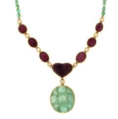 Emerald, Ruby 18 Karat Yellow Gold, Diamonds Drop Necklace