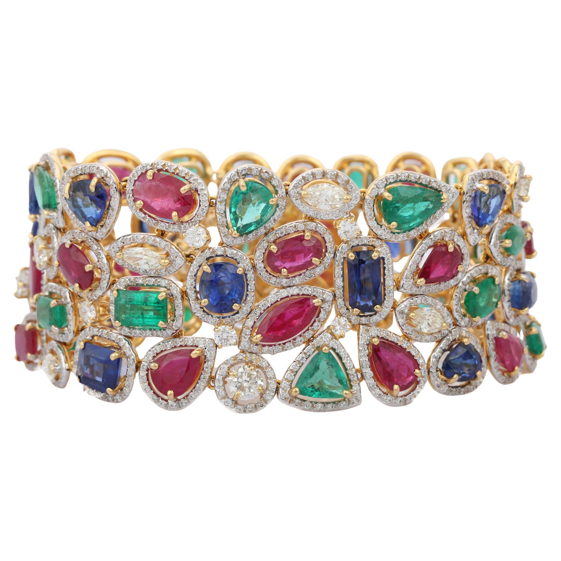 54.5 Ct Emerald Ruby Sapphire Bracelet in 18kt Solid Yellow Gold with Diamonds For Sale