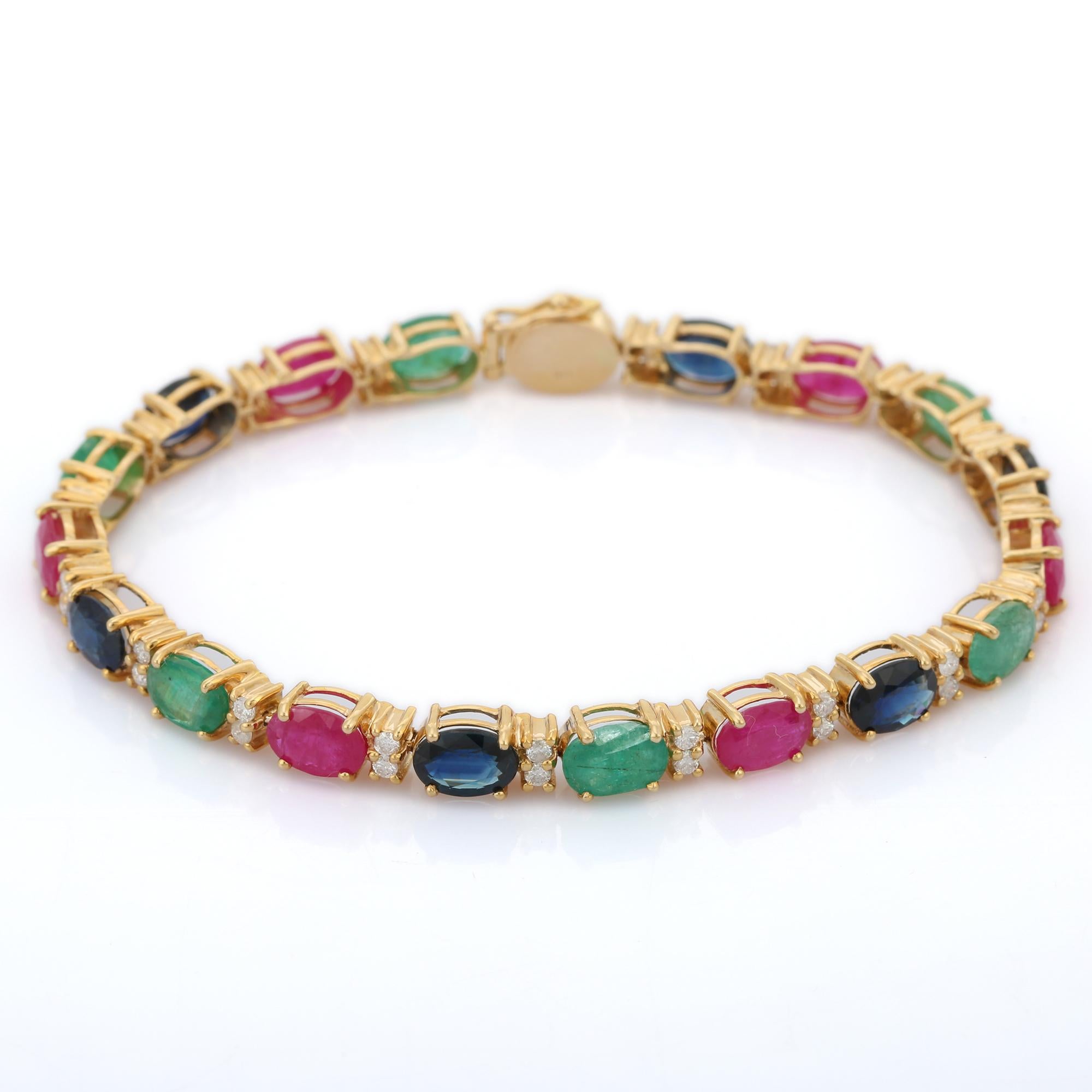 Oval Cut 15.01 ct Emerald, Ruby and Blue Sapphire Tennis Bracelet in 14K Yellow Gold For Sale