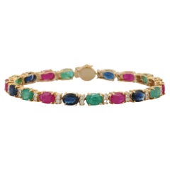 Emerald, Ruby and Blue Sapphire Tennis Bracelet in 14K Yellow Gold