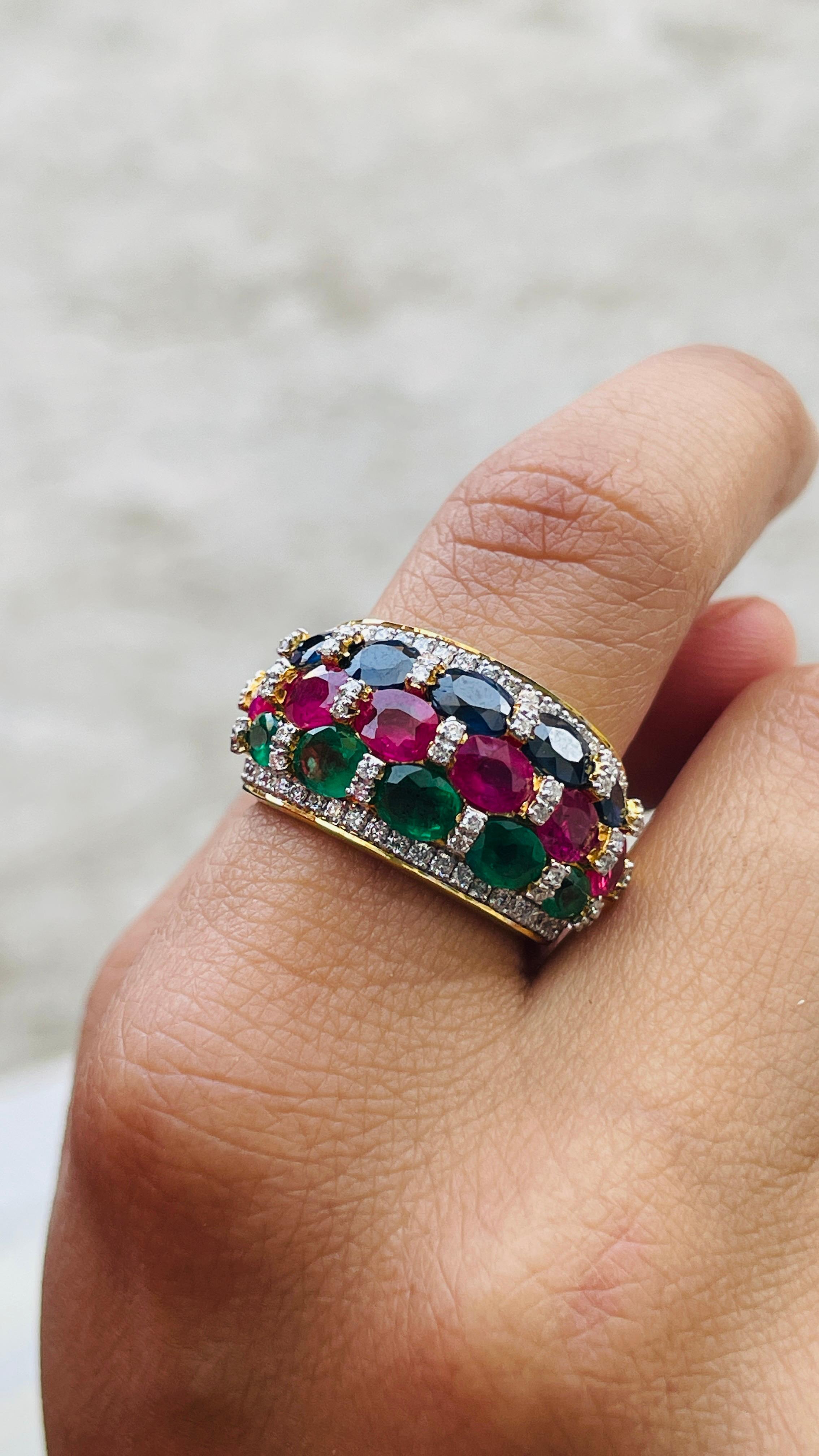 For Sale:  Emerald Ruby Sapphire Wedding Band Ring with Diamonds in 14k Yellow Gold 3