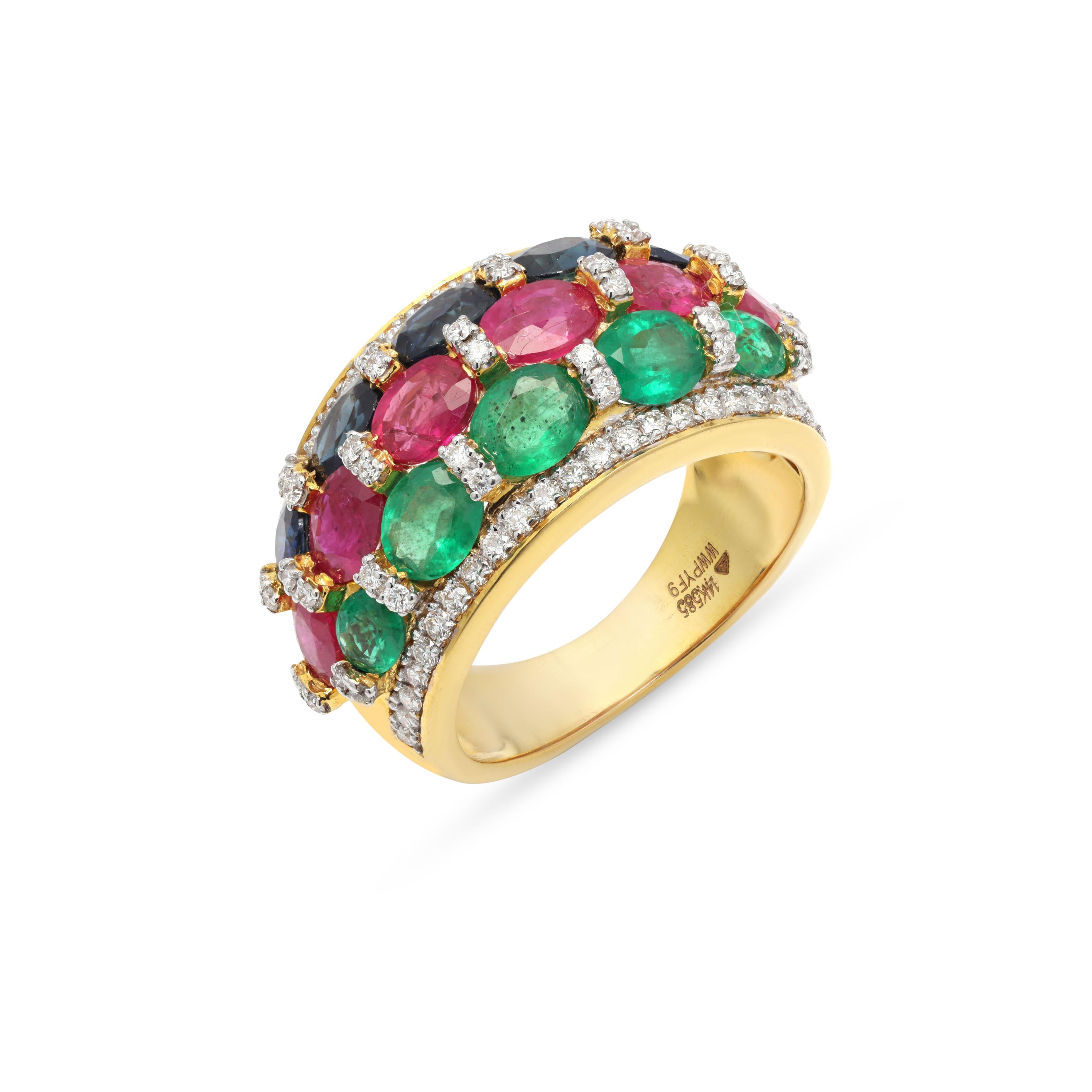 For Sale:  Emerald Ruby Sapphire Wedding Band Ring with Diamonds in 14k Yellow Gold 6