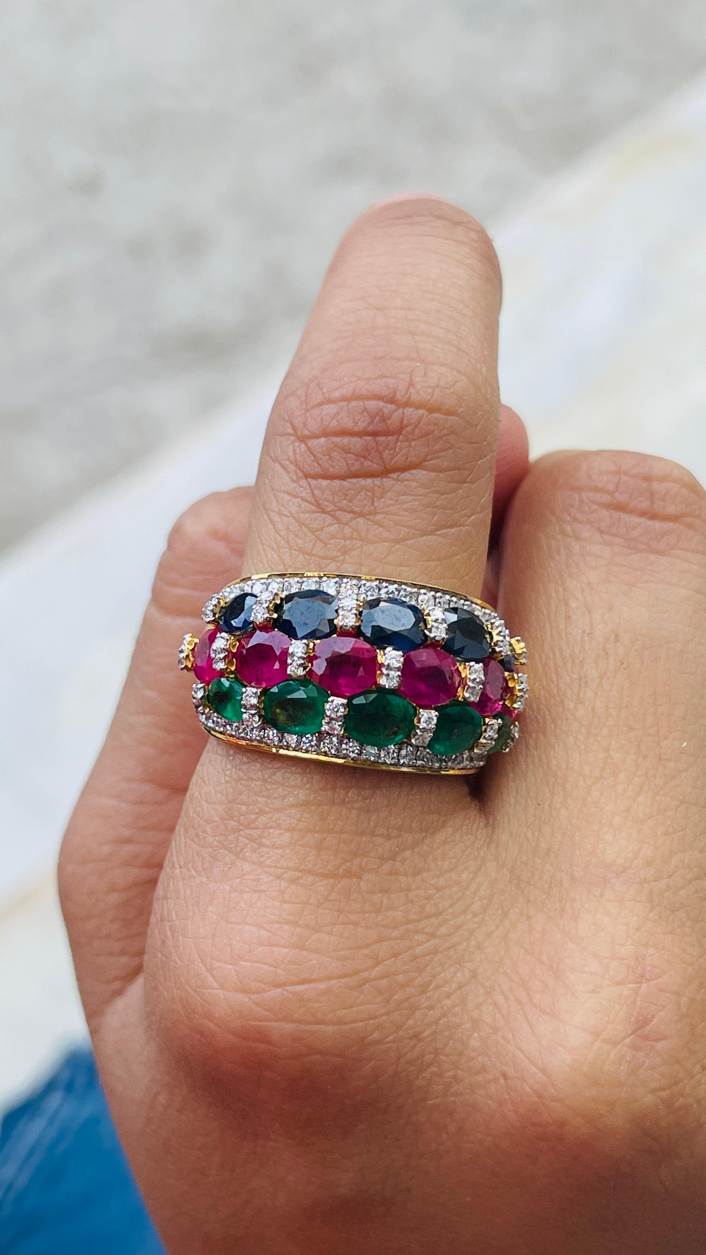 For Sale:  Emerald Ruby Sapphire Wedding Band Ring with Diamonds in 14k Yellow Gold 5