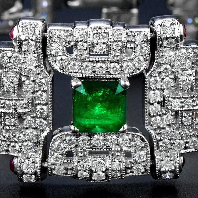 Art Deco Emerald Ruby and Diamond 18 Karat White Gold Bracelet