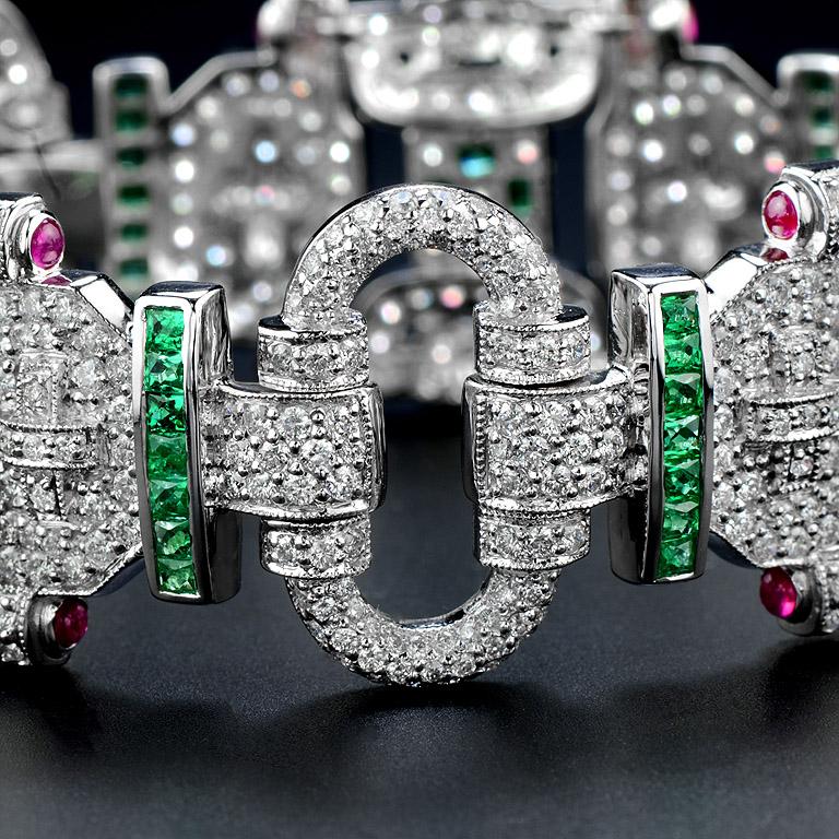 Emerald Cut Emerald Ruby and Diamond 18 Karat White Gold Bracelet