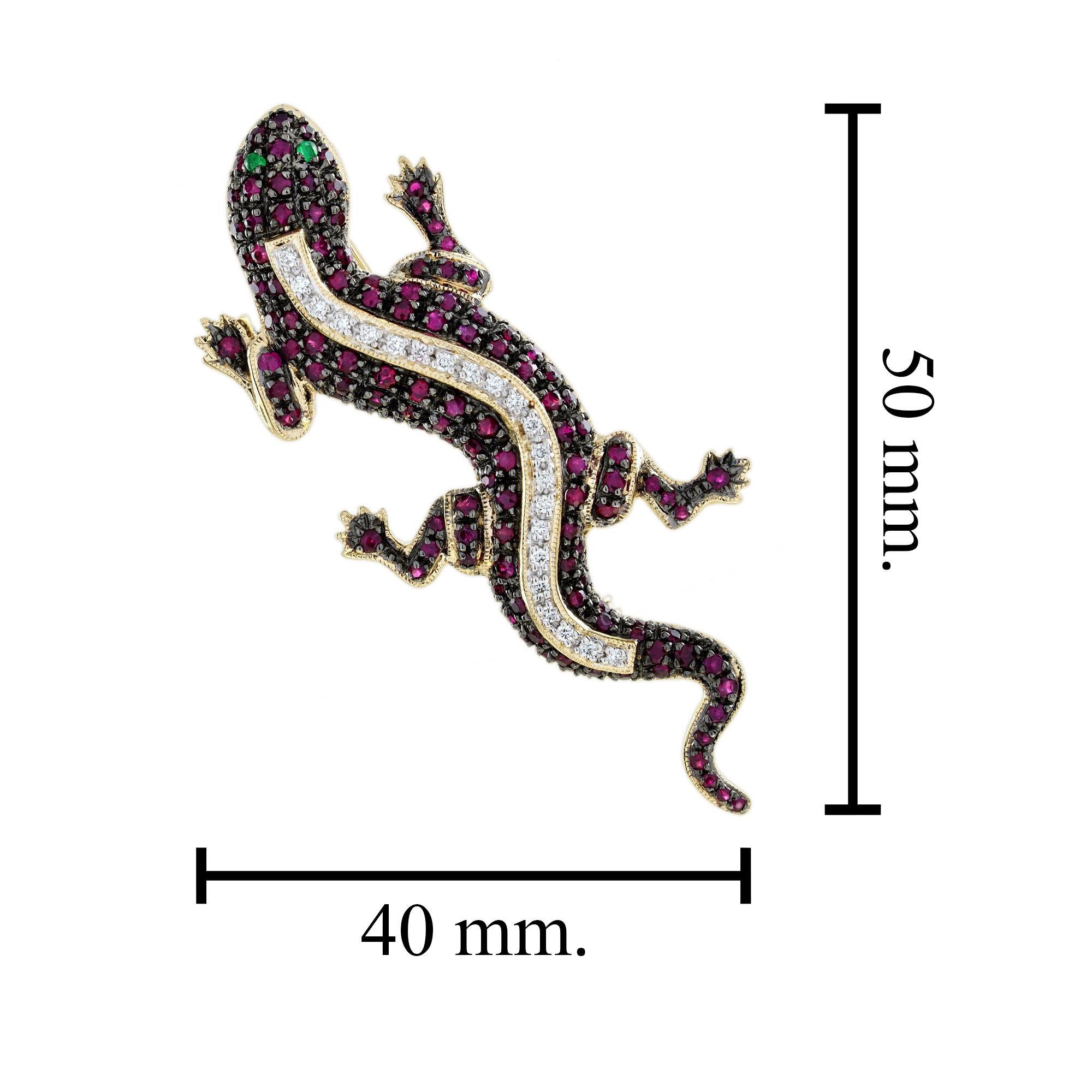 Broche lézard en or jaune 14 carats, émeraude, rubis et diamant, style antique Pour femmes en vente