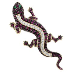 Emerald Ruby and Diamond Antique Style Lizard Brooch in 14K Yellow Gold