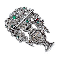 LaCloche Art Deco Emerald Ruby Diamond Brooch, Platinum, France