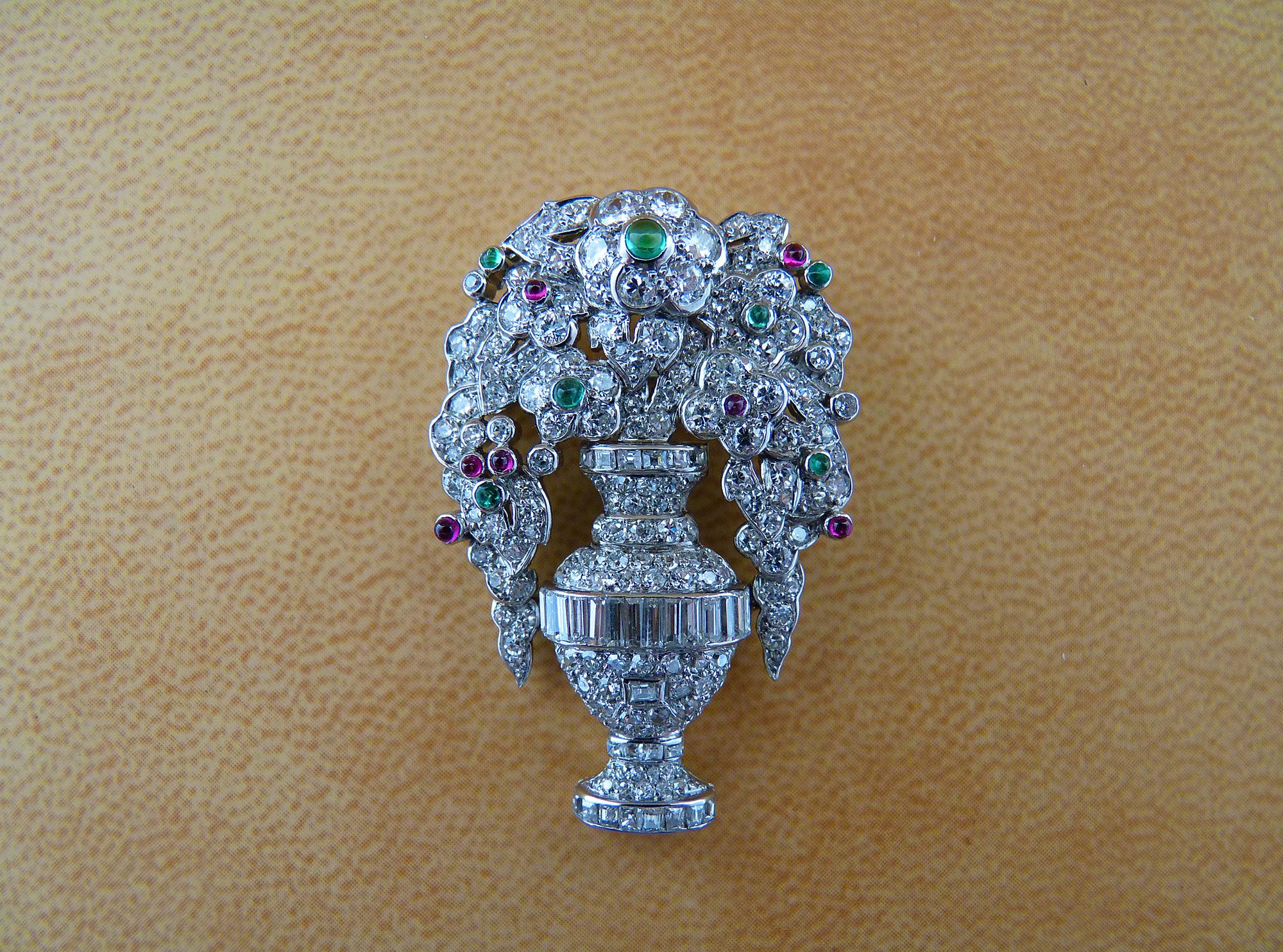 Mixed Cut LaCloche Emerald Ruby Diamond Art Deco Style Pin For Sale