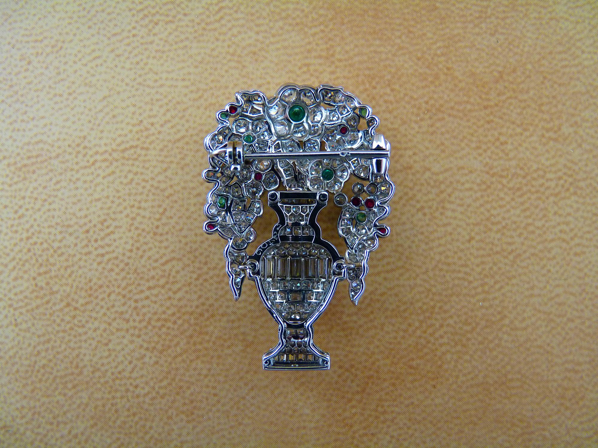 LaCloche Emerald Ruby Diamond Art Deco Style Pin In Excellent Condition For Sale In New York, NY
