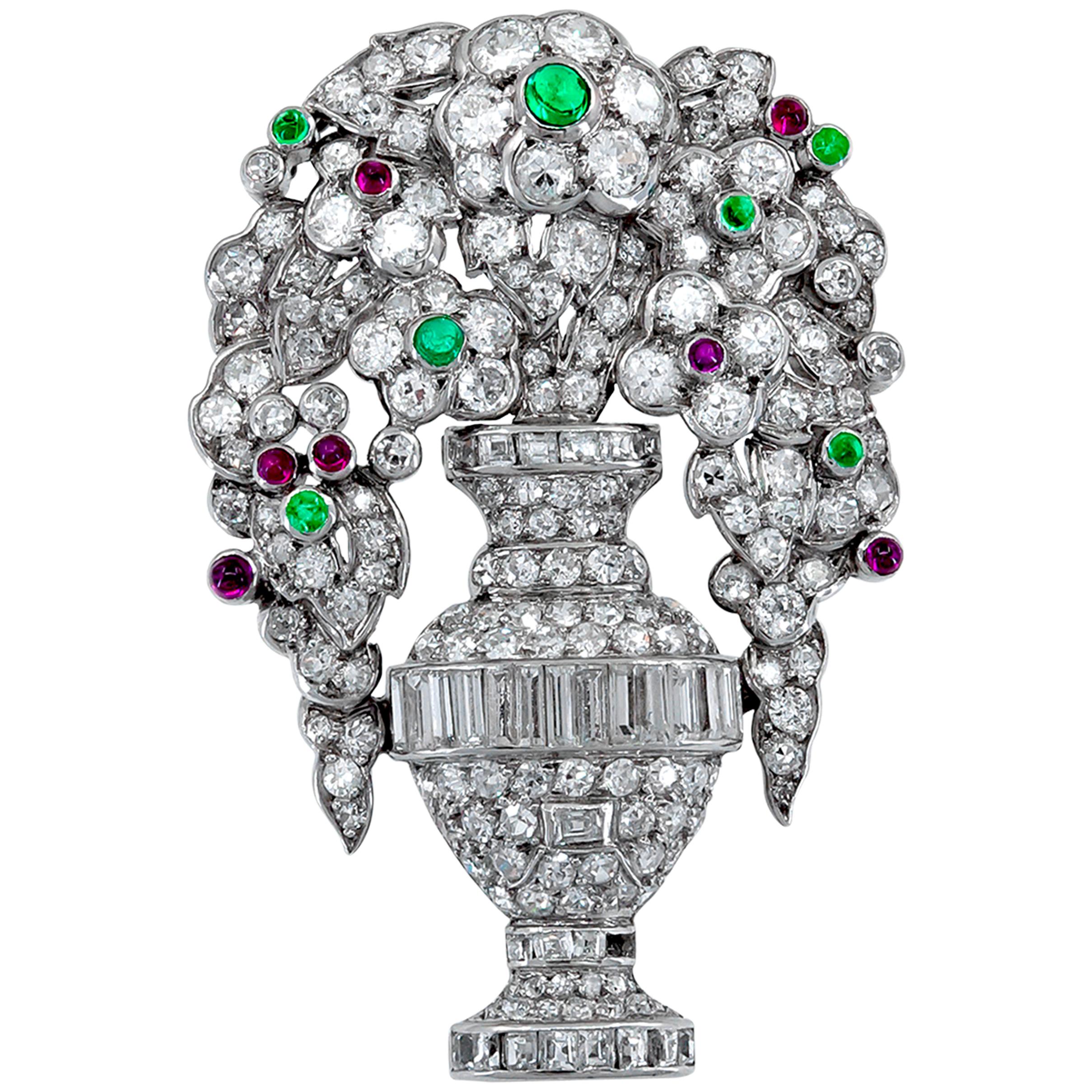 LaCloche Emerald Ruby Diamond Art Deco Style Pin