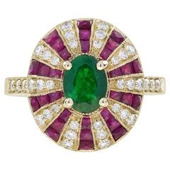 Emerald Ruby and Diamond Art Deco Style Engagement Ring in 18K Yellow Gold Emerald Ruby and Diamond Art Deco Style Engagement Ring in 18K Yellow Gold