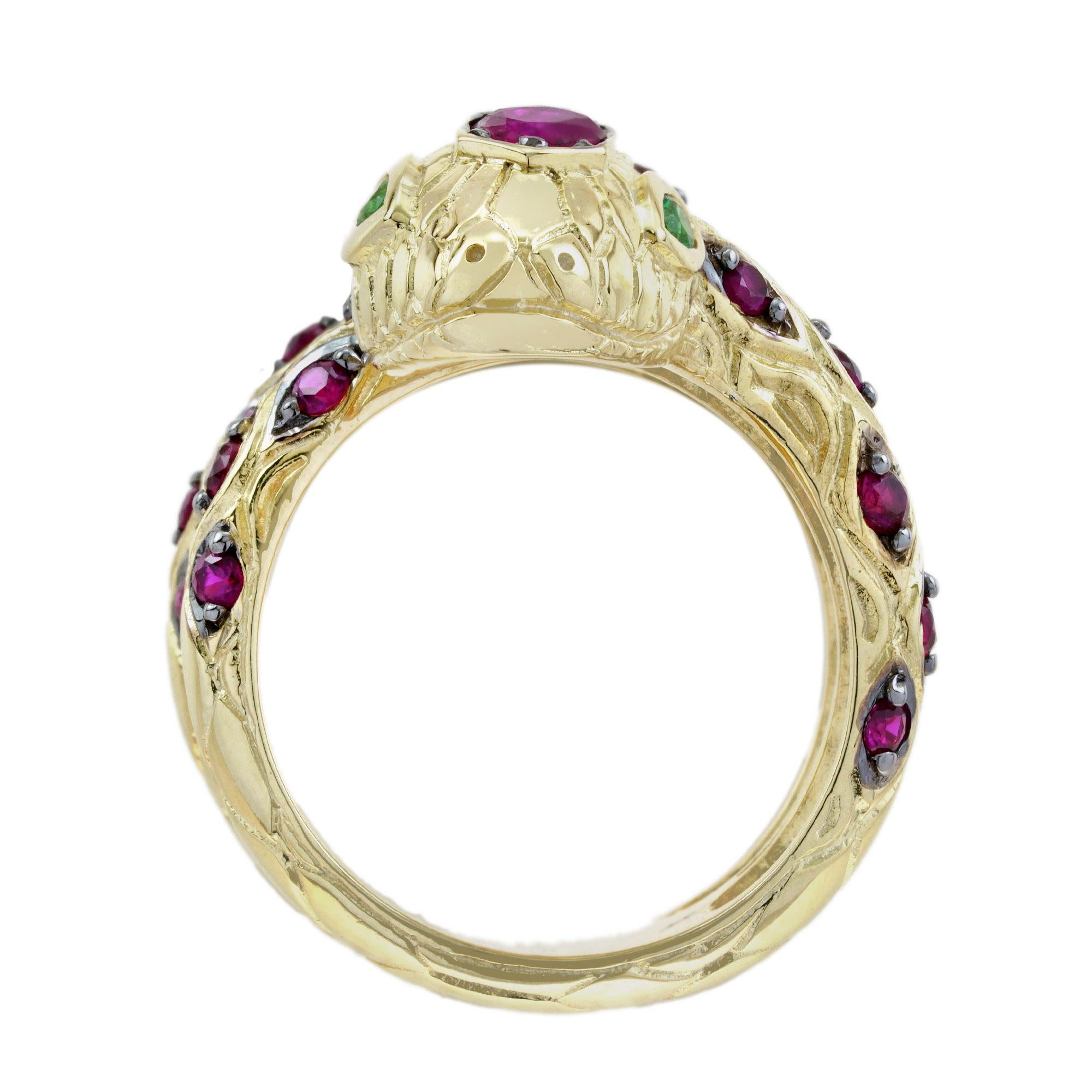 Bague serpent en or jaune 14 carats, rubis émeraude et diamants de style Art déco en vente 5