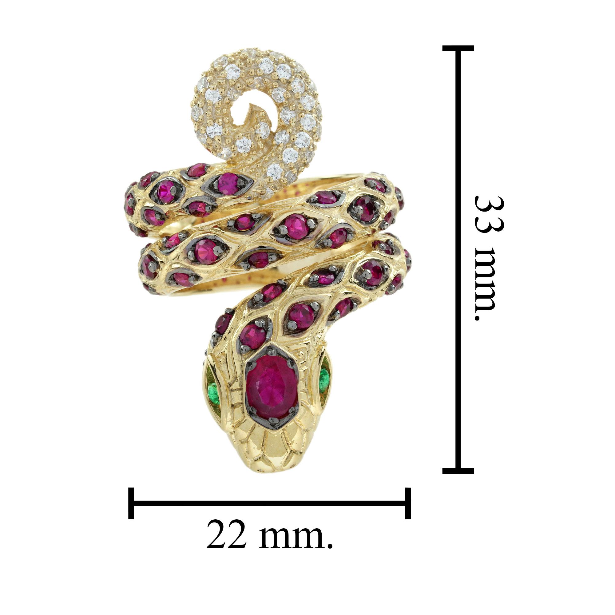 Bague serpent en or jaune 14 carats, rubis émeraude et diamants de style Art déco en vente 6