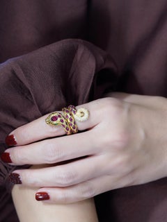 Emerald Ruby and Diamond Art Deco Style Snake Ring in 14K Yellow Gold