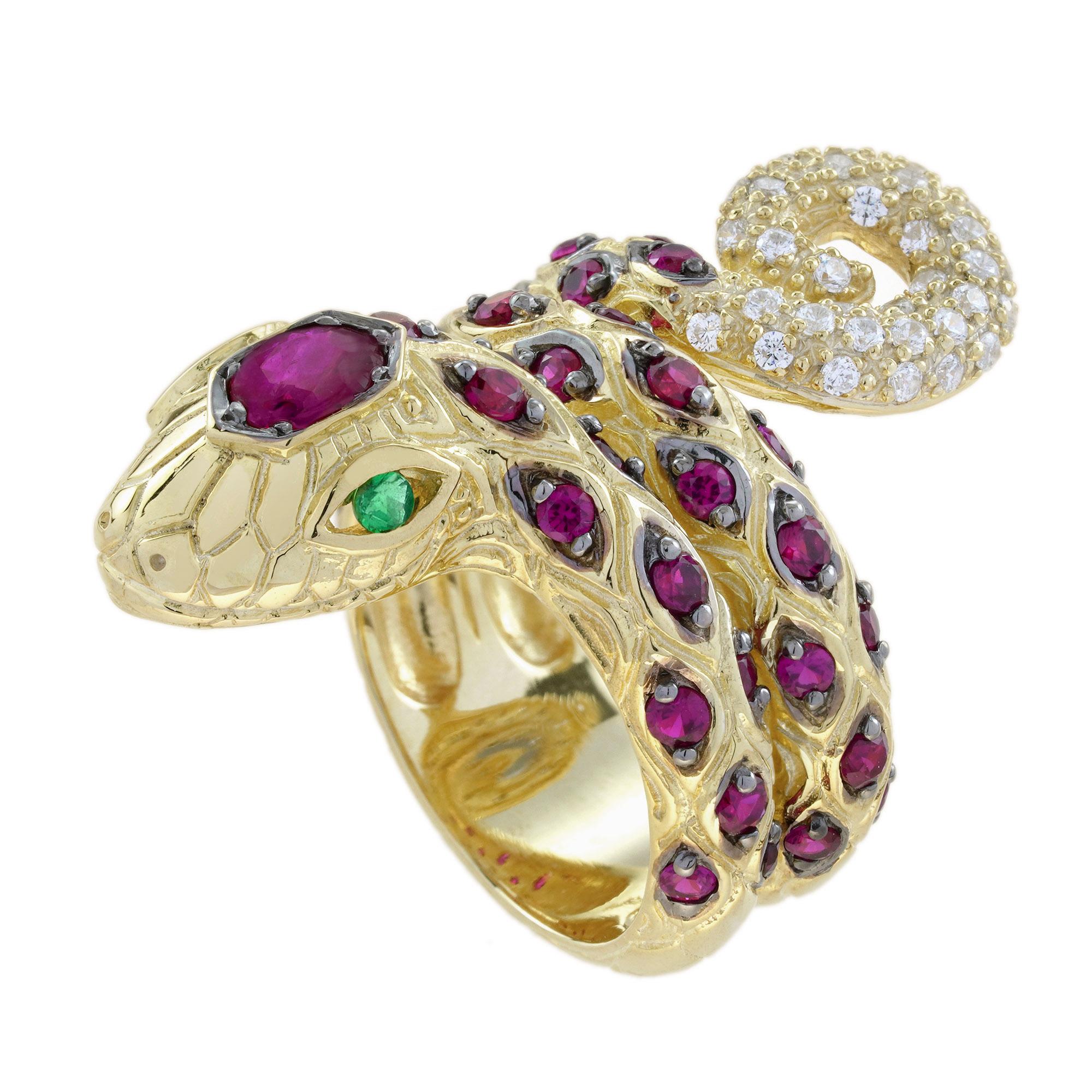 Bague serpent en or jaune 14 carats, rubis émeraude et diamants de style Art déco en vente 3