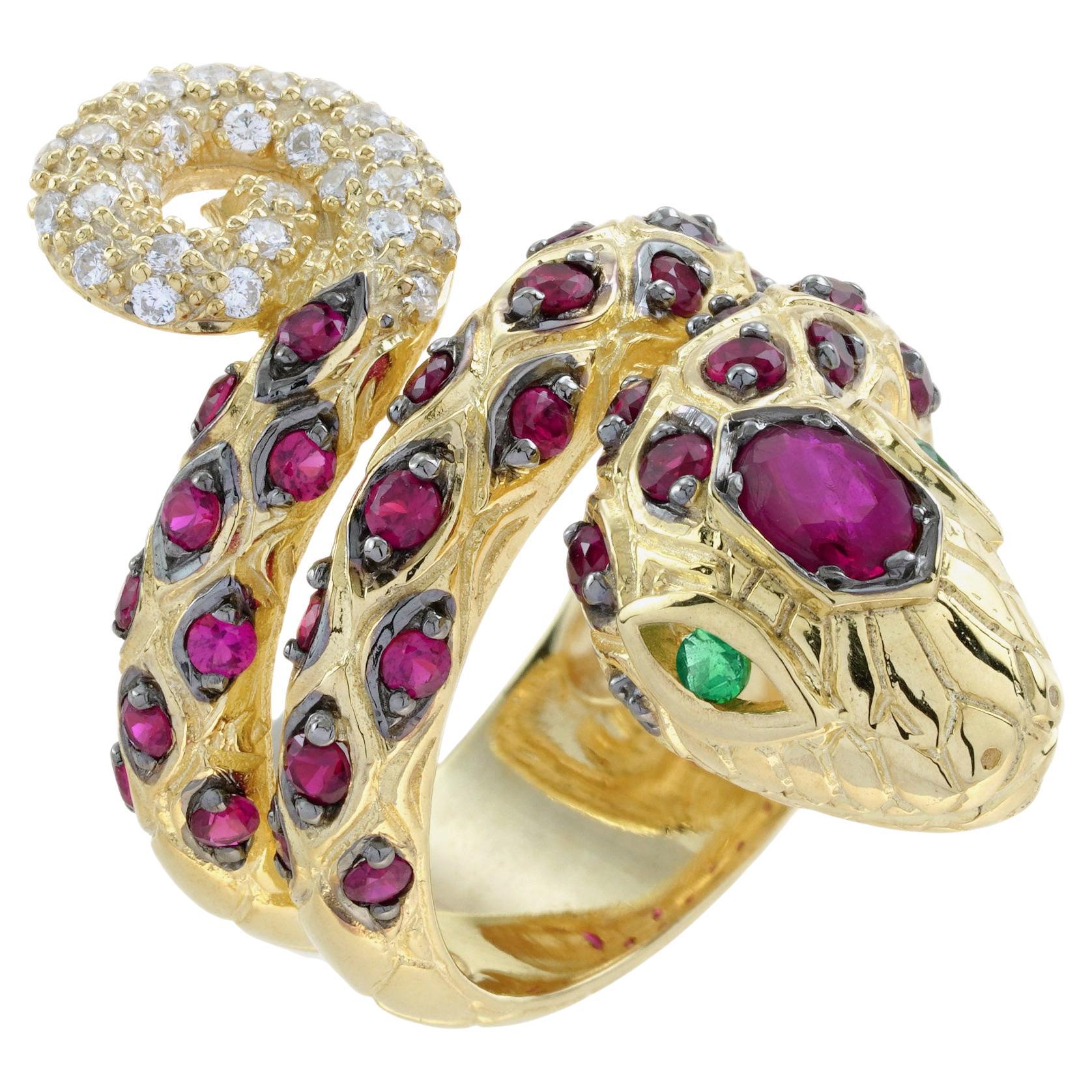 Smaragd Rubin und Diamant Art Deco Stil Schlangenring in 14K Gelbgold