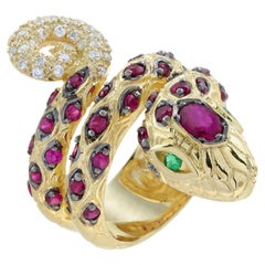 Smaragd Rubin und Diamant Art Deco Stil Schlangenring in 14K Gelbgold
