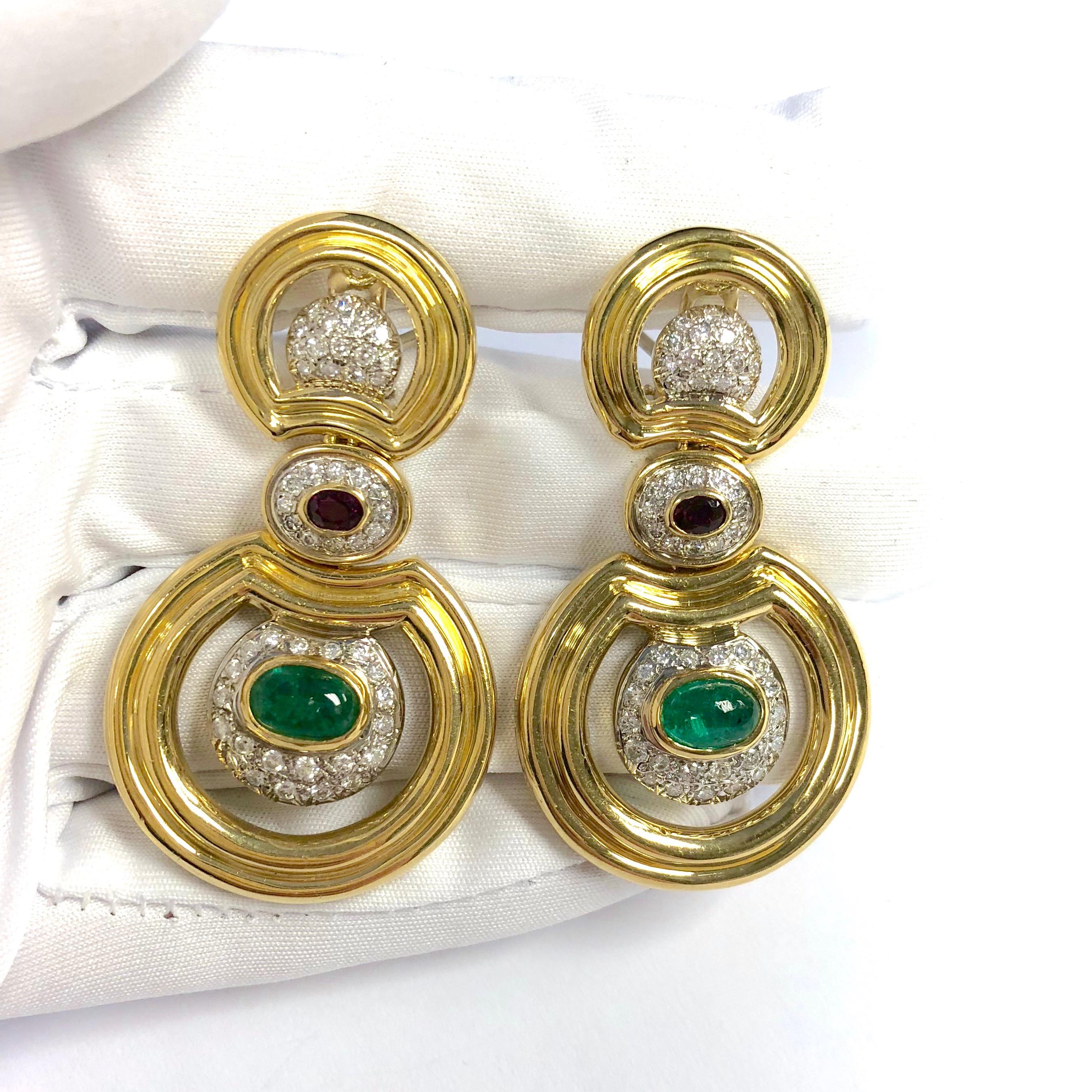 Women's or Men's  Emerald Ruby and Diamond Gold Large Dangle Earrings