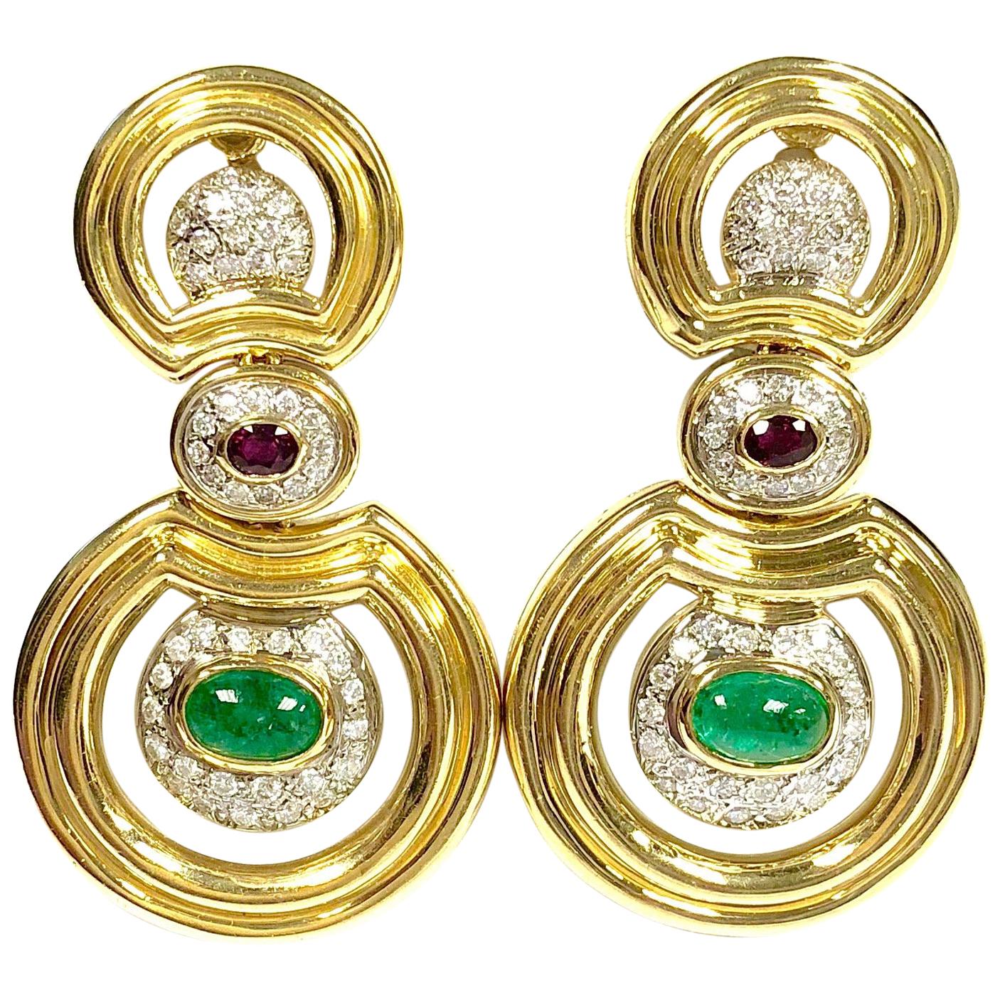  Emerald Ruby and Diamond Gold Large Dangle Earrings