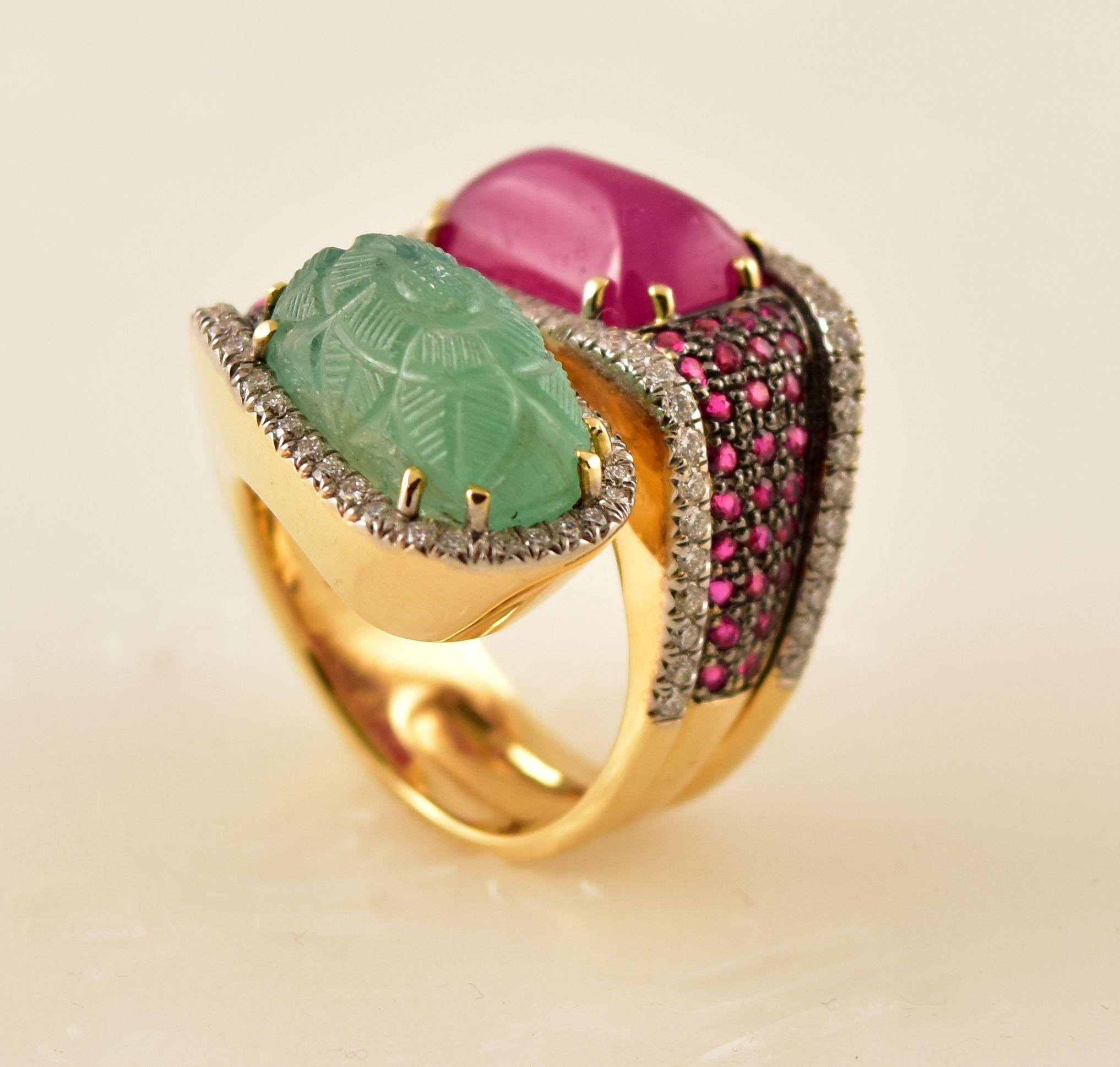 Stunning Carved Green Emerald, Ruby and Diamond Statement Ring, hand crafted in 18k yellow Gold by Tony Duquette, Designer Extraordinaire! green Emerald (app. 10 carat); Ruby (app. 20 carat) and Diamonds (app. 1.23 carat); Ring size 6 1/2; measuring