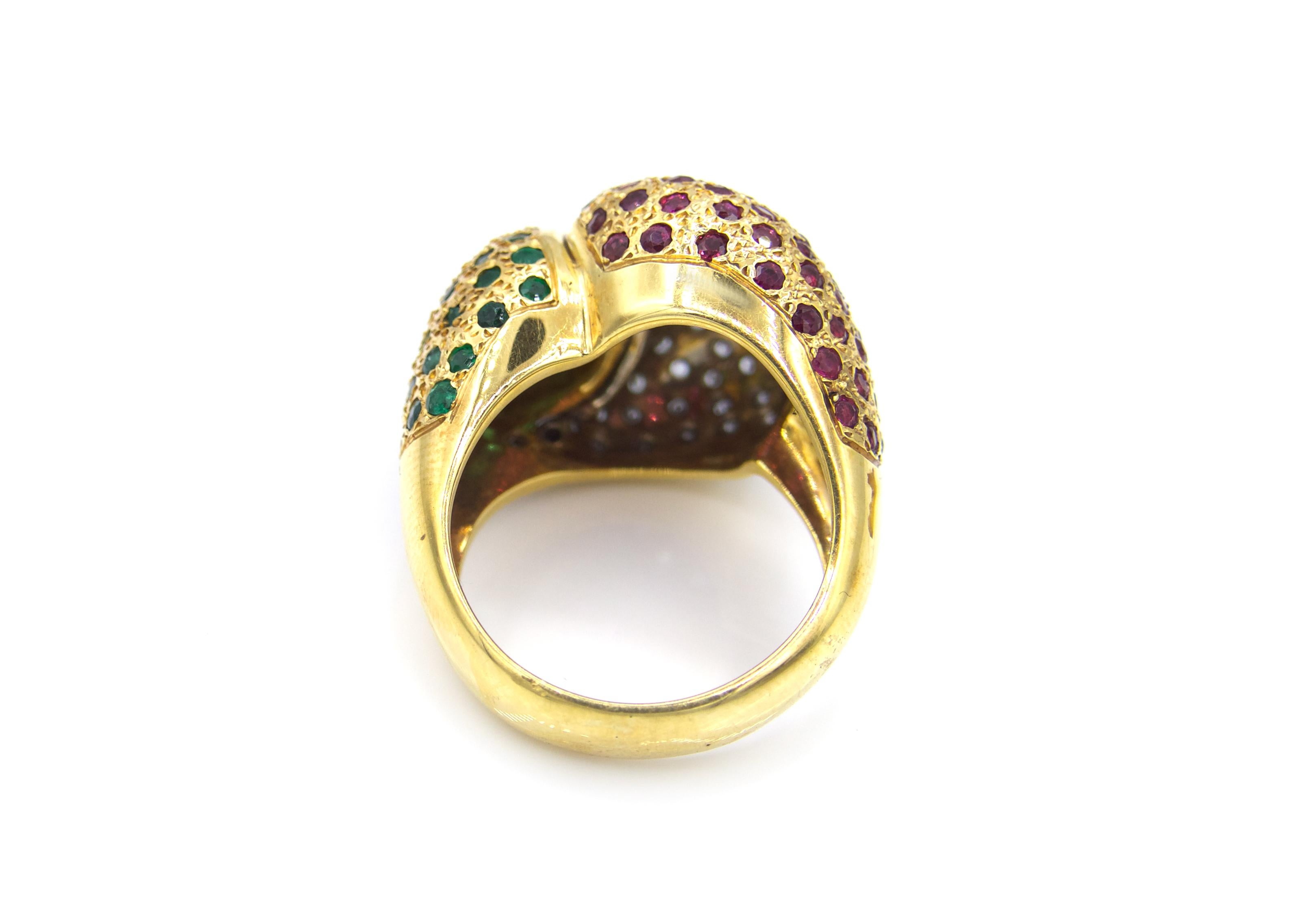 Contemporary Emerald, Ruby and Diamond Knot Ring For Sale