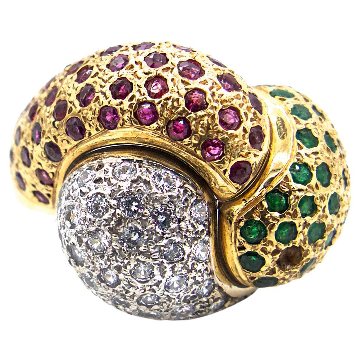 Emerald, Ruby and Diamond Knot Ring For Sale