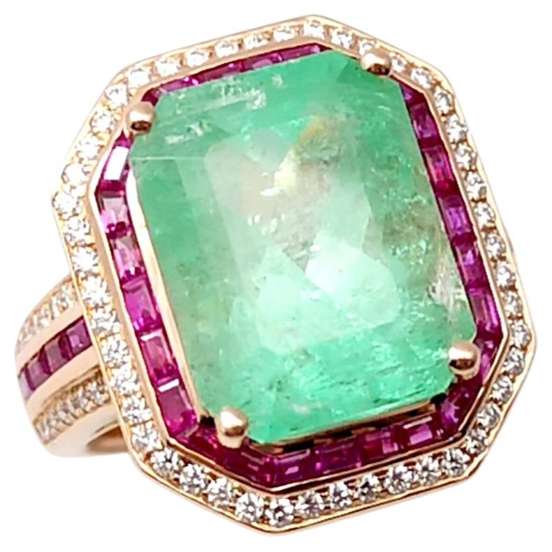 Emerald, Ruby and Diamond Ring set in 18K Rose Gold Settings