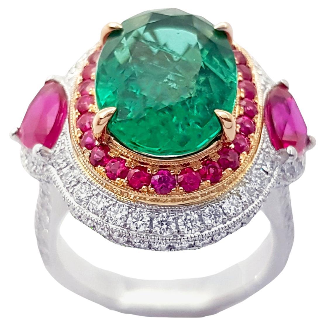 Emerald, Ruby and Diamond Ring set in 18K White Gold Settings