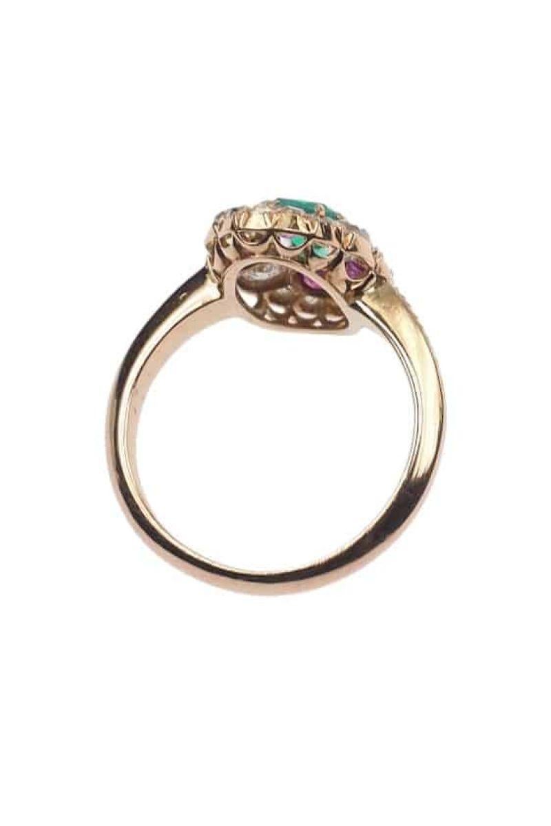 Art Nouveau Emerald, Ruby and Diamond Rose Gold Ring- ca. 1890, England For Sale
