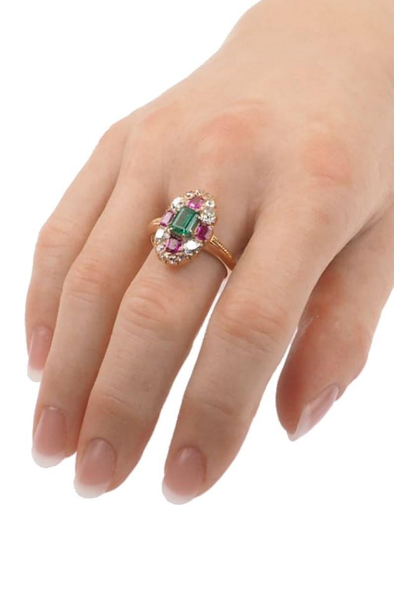 Emerald Cut Emerald, Ruby and Diamond Rose Gold Ring- ca. 1890, England For Sale
