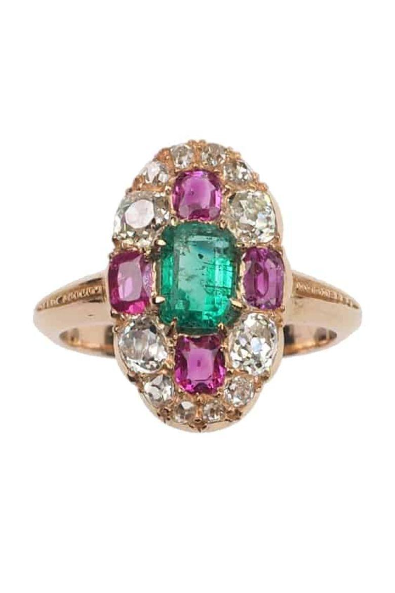 Women's Emerald, Ruby and Diamond Rose Gold Ring- ca. 1890, England For Sale