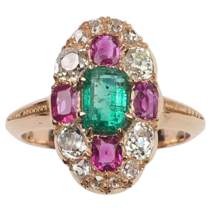 Emerald, Ruby and Diamond Rose Gold Ring- ca. 1890, England For Sale