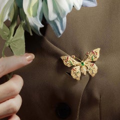 Emerald Ruby and Light Brown Diamond Art Deco Style Butterfly Brooch in 14K Gold