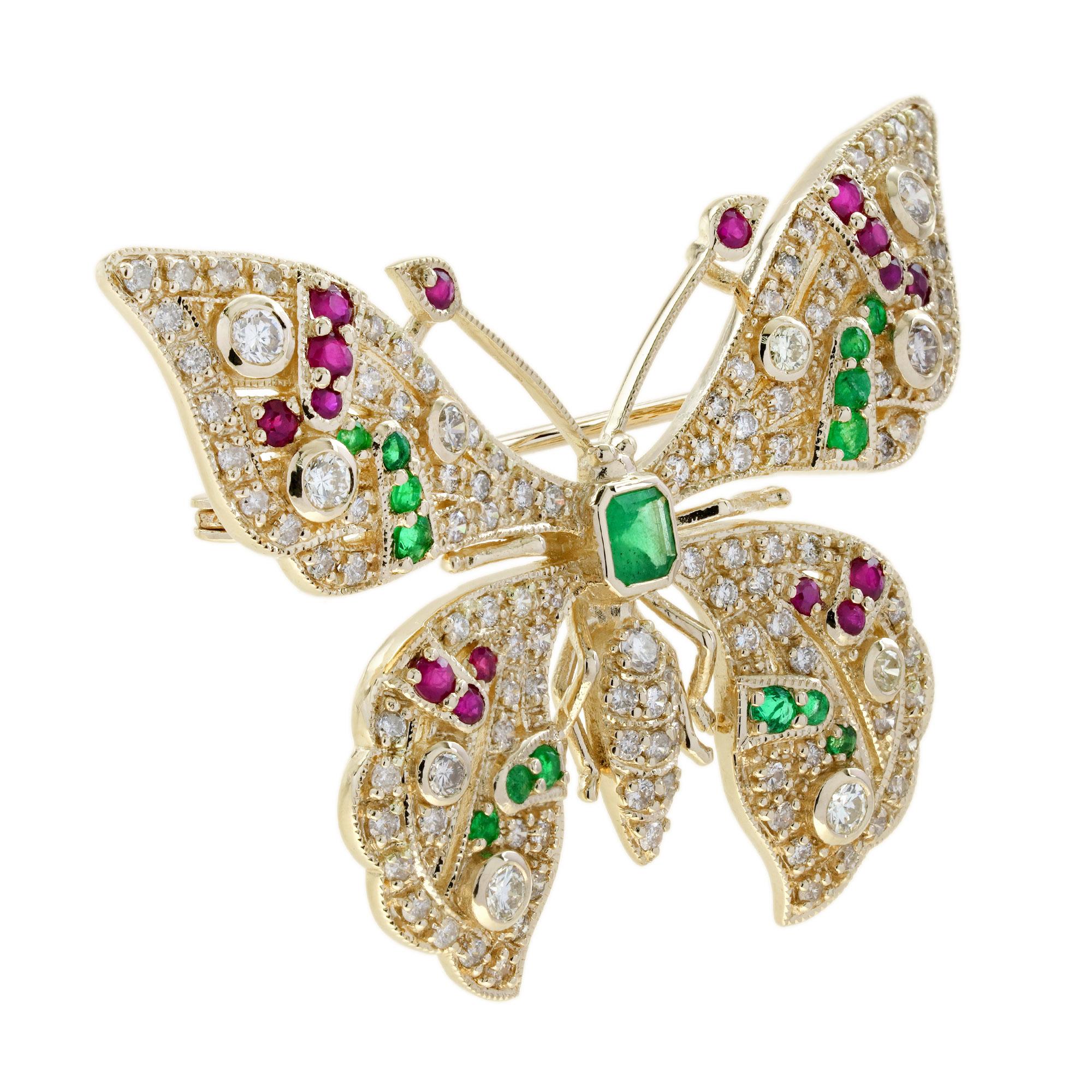 Emerald Ruby and Light Brown Diamond Art Deco Style Butterfly Brooch in 14K Gold In New Condition For Sale In Bangkok, TH