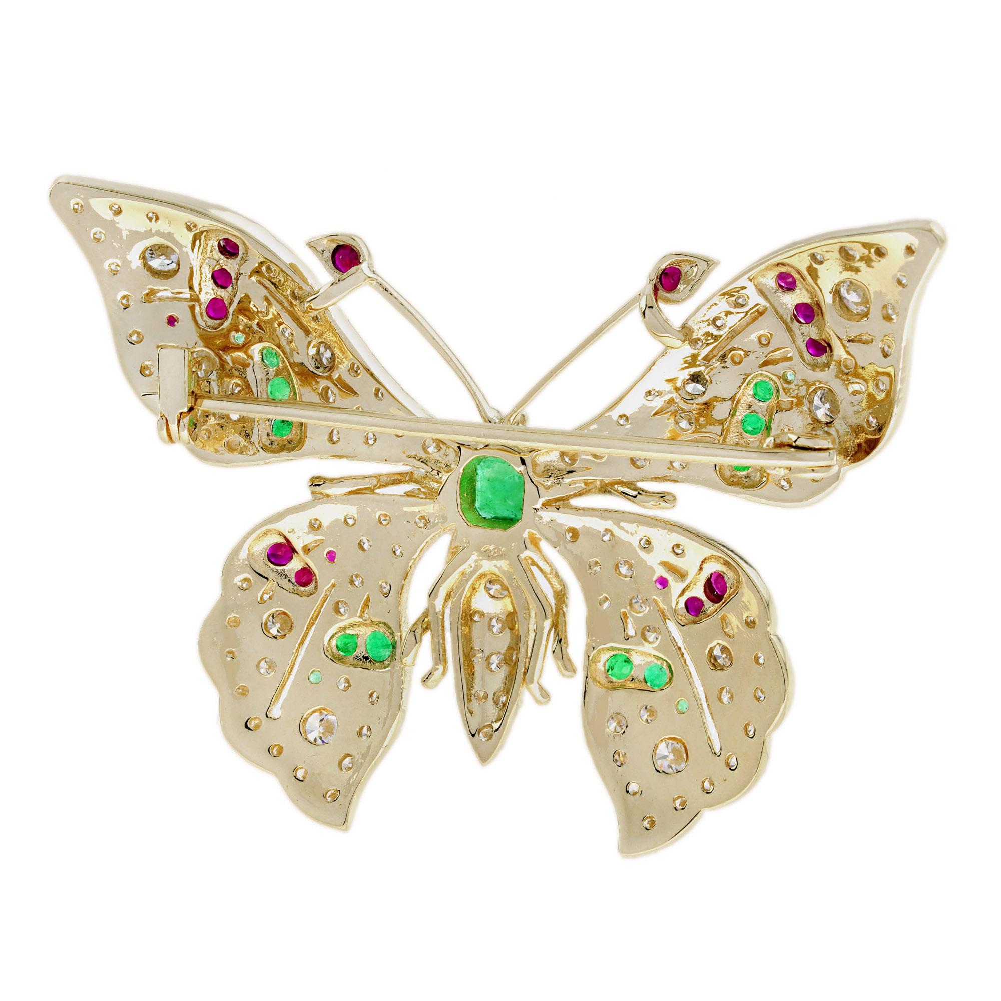 Women's Emerald Ruby and Light Brown Diamond Art Deco Style Butterfly Brooch in 14K Gold For Sale