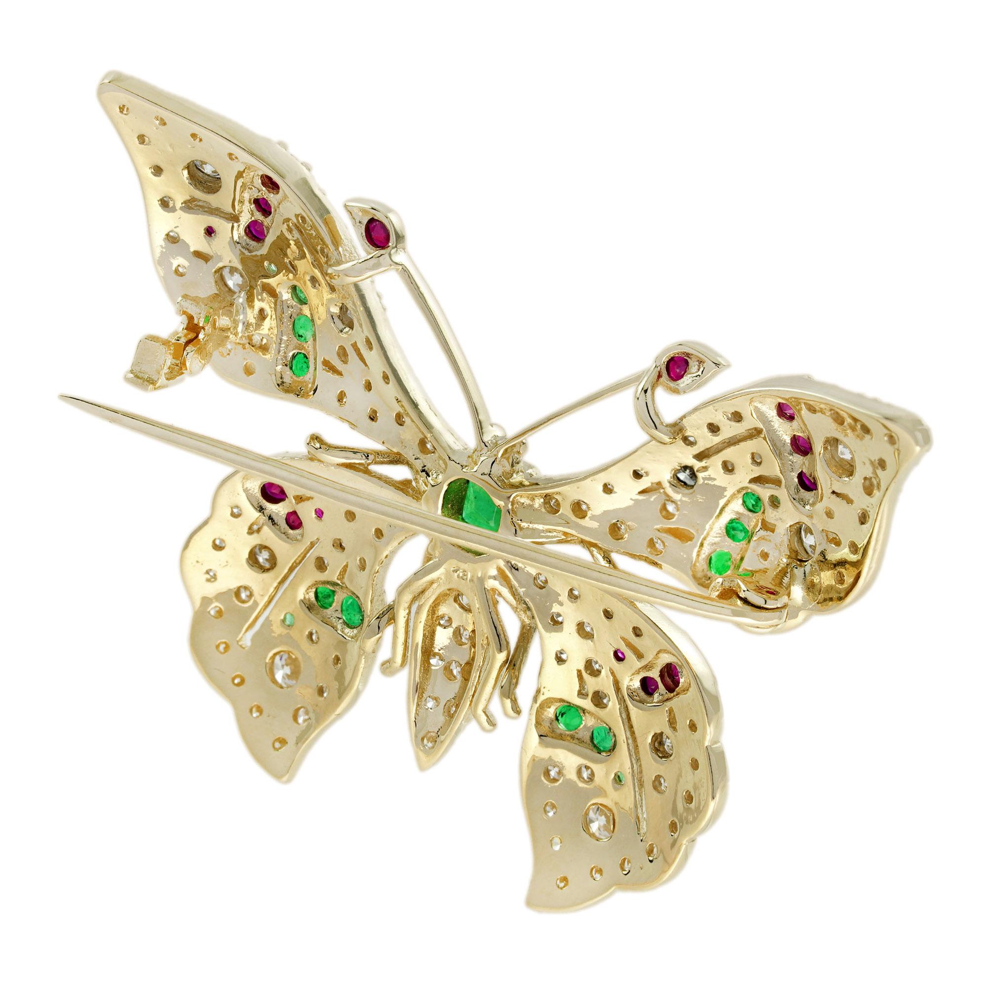 Emerald Ruby and Light Brown Diamond Art Deco Style Butterfly Brooch in 14K Gold For Sale 1