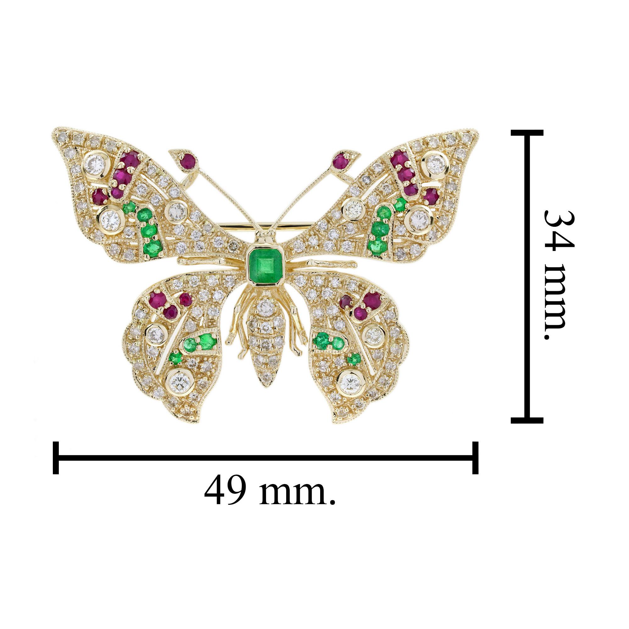Emerald Ruby and Light Brown Diamond Art Deco Style Butterfly Brooch in 14K Gold For Sale 2