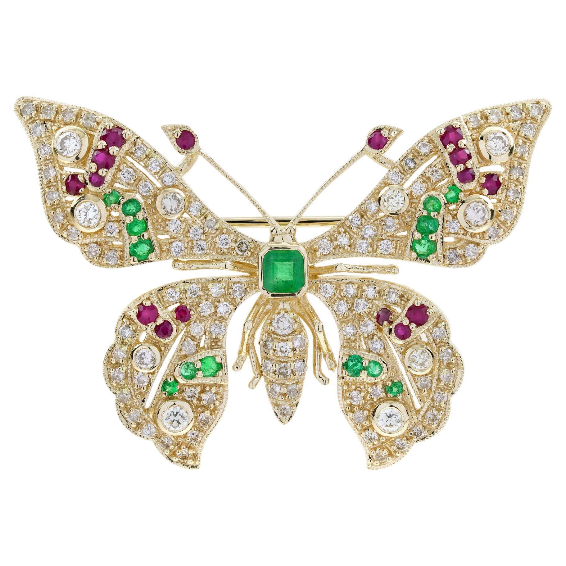Emerald Ruby and Light Brown Diamond Art Deco Style Butterfly Brooch in 14K Gold For Sale