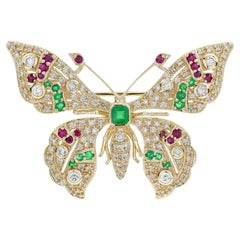 Emerald Ruby and Light Brown Diamond Art Deco Style Butterfly Brooch in 14K Gold